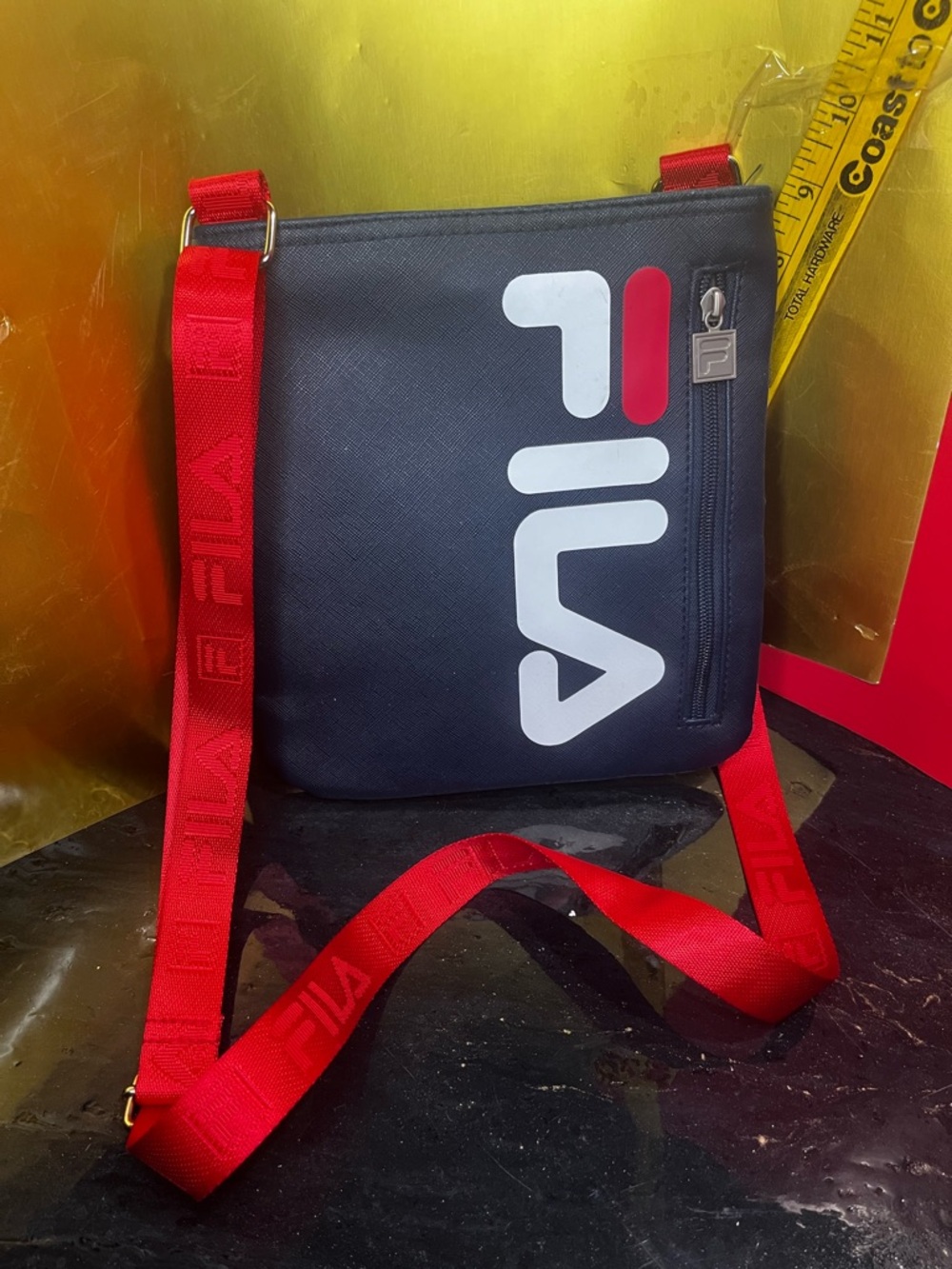 Fila Black Messenger Bag with Red Strap and White Logo
